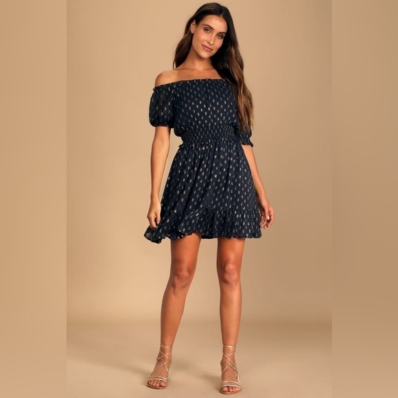 Lulu’s Touch of Glam Navy Blue Dotted Off-the-Shoulder Mini Dress - Picture 1 of 16